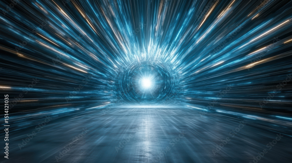 Poster bright light tunnel with dynamic blue streaks creating sense of speed and motion