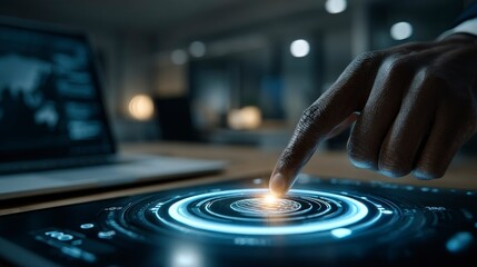 Finger Activating Futuristic Touchscreen Interface with Glowing Circular Design