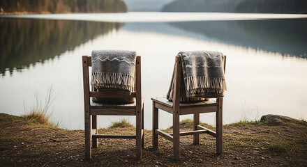Two wooden chairs with cozy blankets are positioned by a tranquil lake, reflecting the soft glow of twilight. The peaceful setting invites relaxation and contemplation in nature.