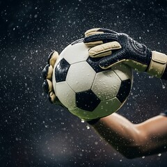 Soccer goalie's hands holding a wet ball during a rain. 