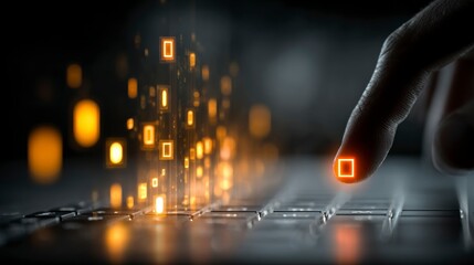 Finger Pressing Illuminated Keyboard Key with Digital Data Stream Overlay