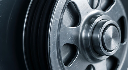 A close-up view of a polished metal wheel highlights its smooth surface and unique design. The wheel is positioned against a contrasting background, emphasizing its craftsmanship.