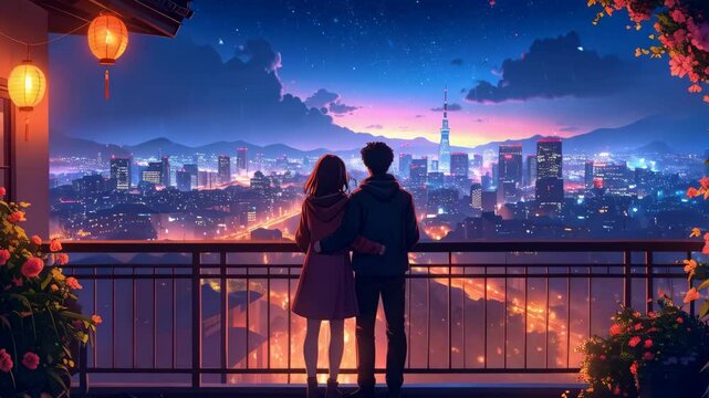 Anime-style couple embraces on balcony overlooking a glowing cityscape at dusk, featuring lights, tower, and starry sky with floral details.