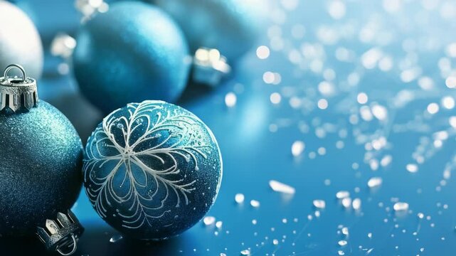Festive holiday ornaments in cool blues sparkle with winter charm. Glittering accents and delicate snowflake designs add a touch of elegant cheer to seasonal celebrations.