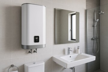 Modern Bathroom Utility Interior View of a Contemporary Bathroom Featuring a Sleek Wall-Mounted Electric Water Heater for Efficient Home Water Heating