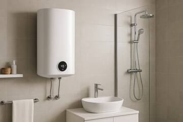Modern Bathroom Utility Interior View of a Contemporary Bathroom Featuring a Sleek Wall-Mounted Electric Water Heater for Efficient Home Water Heating