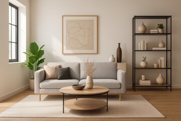 Fototapeta premium Modern Living Space 3D Visualization of a Contemporary Indoor Room with Stylish Furniture Chic Decorations and a Bright Airy Atmosphere Background