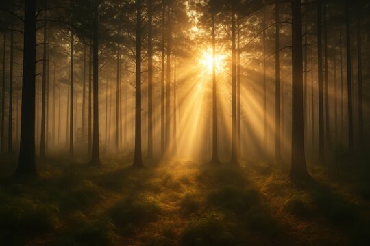 Misty morning sunrise filtering through tall pine trees in a dense tranquil forest casting long ethereal sunbeams onto the dew-kissed forest floor.