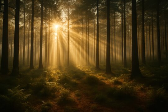 Misty morning sunrise filtering through tall pine trees in a dense tranquil forest casting long ethereal sunbeams onto the dew-kissed forest floor.
