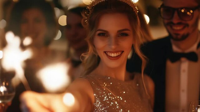 Festive celebration with friends and sparklers. A woman in a sequin dress smiles while holding a sparkler, capturing the joy of the moment among friends.