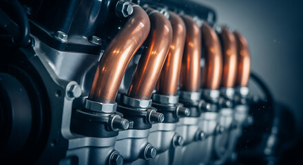 Polished copper exhaust headers stand out on this high-performance engine, showcasing intricate engineering and design. The backdrop highlights the precision of automotive craftsmanship.