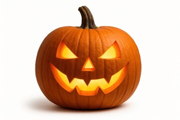 Fototapeta premium Spooky Grin Classic Carved Halloween Jack O'Lantern Pumpkin with a Menacing Glowing Face Isolated on a Pure White Background