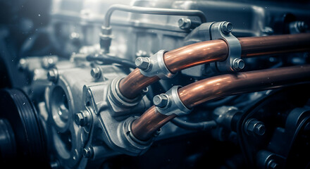 Inside a mechanical workshop, intricate copper pipes connect various engine components. Tools and machinery are visible, hinting at ongoing automotive repairs and maintenance.
