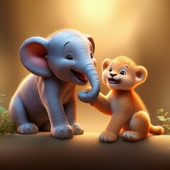 Ein 3D-Elefantenbaby hält mit dem Rüssel die Pfote eines kleinen Löwenbabys