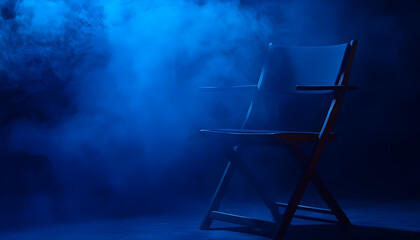 One empty director's chair on dark blue background with smoke