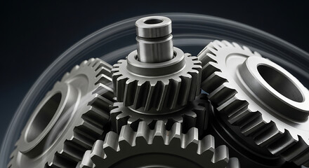 Close-up view of several metallic gears intricately interlocking. The image highlights the details of their teeth and surfaces, demonstrating precision in engineering and design.