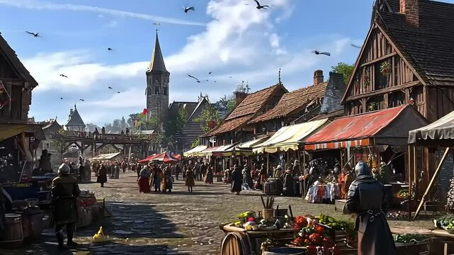 Bustling medieval market square illustration, vibrant, lively, historically realistic