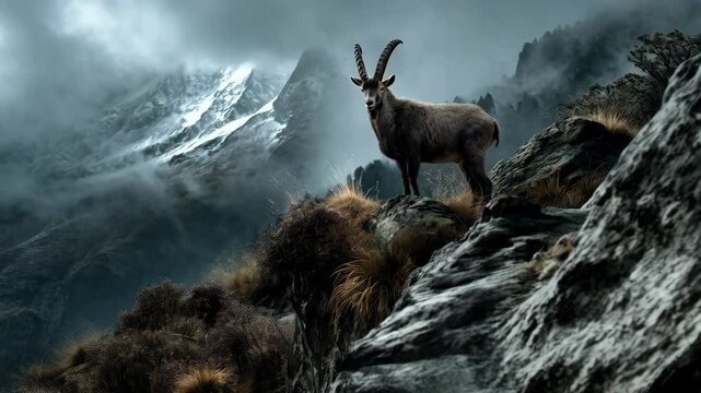 Alpine ibex with large horns stands on rocky mountain ridge against misty snowy mountain peaks in a dramatic environment.
