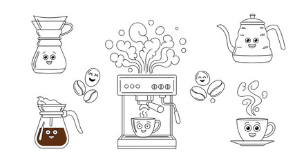 Playful vector doodle series of coffee brewing methods. Loose sketches of pour-overs, espresso machines, steam swirls, and coffee beans in a minimalist, flowing line art style with quirky details