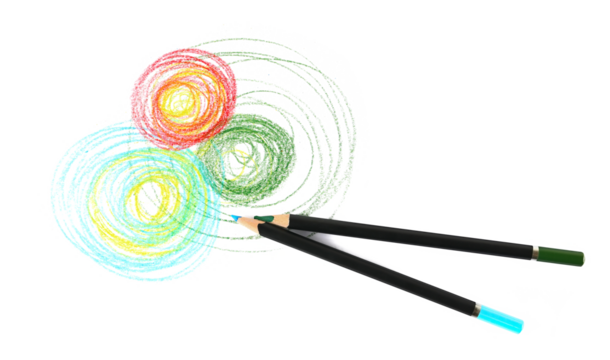 wooden crayons and scribbling colorful circles isolated on white, top view