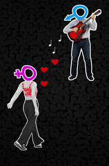 Romantic Musical Connection: Guitarist and Woman Linked by Hearts and Notes