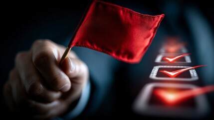 Hand Holding Red Flag with Checklist Boxes Warning Alert and Task Completion Symbol