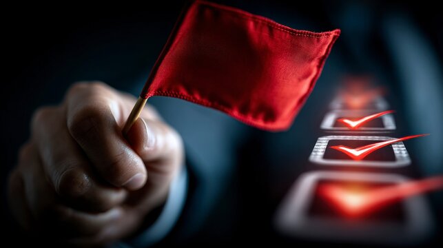 Hand Holding Red Flag with Checklist Boxes Warning Alert and Task Completion Symbol