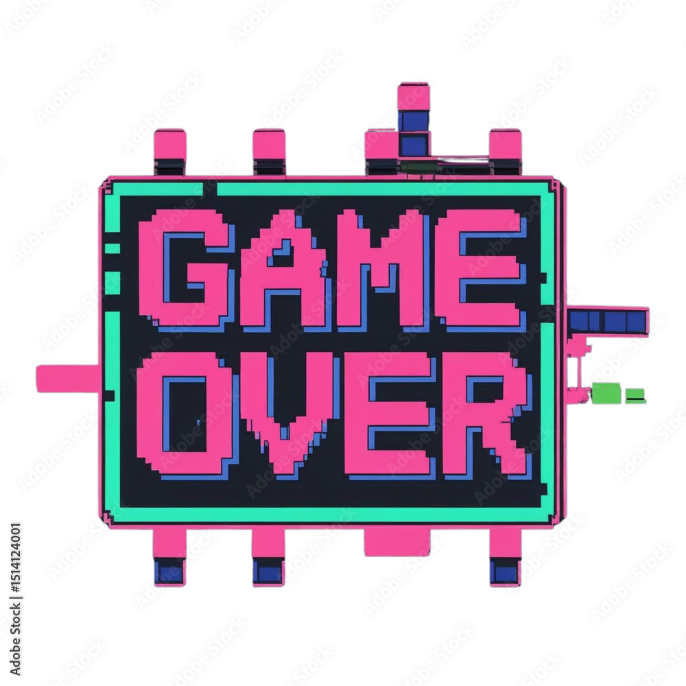 Poster retro game over screen pixel art vector graphic design for arcade and console games with pink and gr