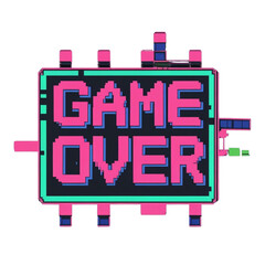 Retro game over screen pixel art vector graphic design for arcade and console games with pink and green color