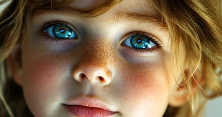 Close up portrait of a young child's face with freckles and blue eyes, close up. Focus on eyes and details