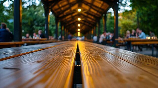Long wood picnic table under outdoor structure perspective