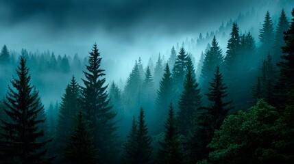 Fototapeta premium Night mist surrounds green pine forest. 