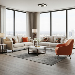 Modern living room with large windows, neutral furniture, and accents of orange and geometric patterns. Features sofas, a chair, rug, coffee table, and city view.