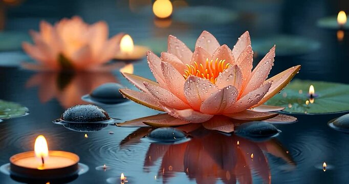 Close-up of a pink lotus flower floating on water with a soft focus, blurred background, lit candles and reflections.  The image is detailed and of a high quality, suitable for the theme of peace and