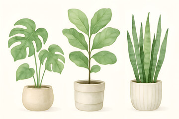 Obraz premium Watercolor illustration of monstera, snake plant, and fiddle leaf fig in pots
