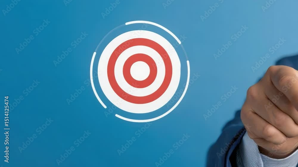 Poster close-up of a hand pointing at a colorful target on a blue background in a conceptual setting