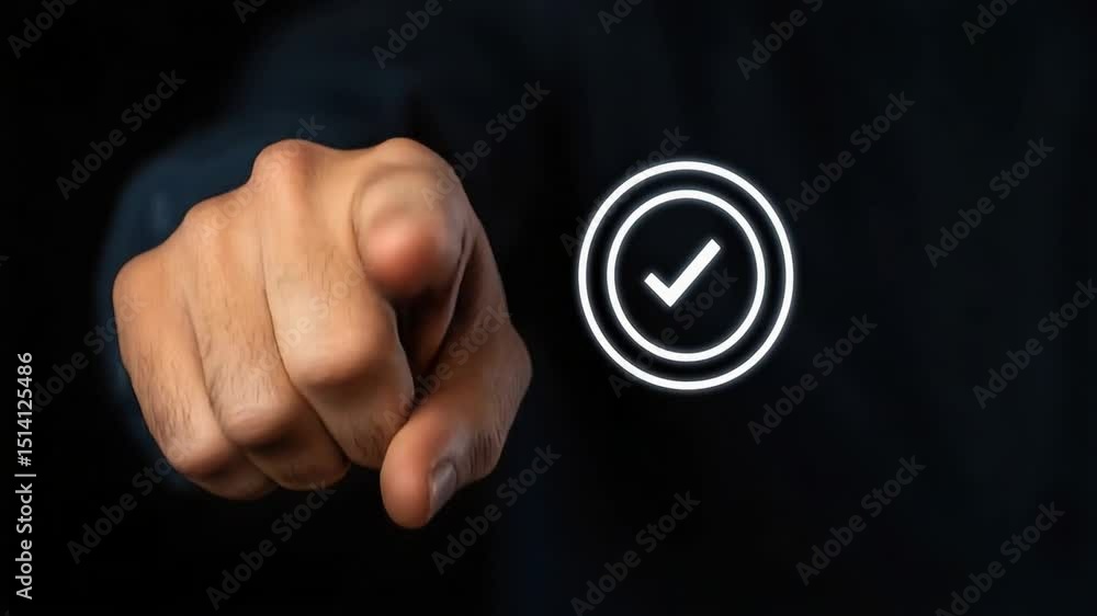 Poster Hand Pointing at Digital Check Mark on Dark Background Representing Approval and Confirmation in Online Context