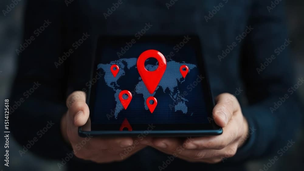 Poster Hands Holding Smartphone Displaying Red Location Pins on World Map for Navigation and Tracking Technology