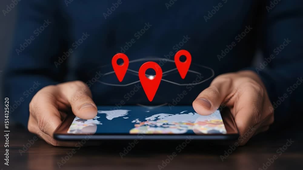 Poster hands holding smartphone with map and location pins indicating navigation and geolocation on black b