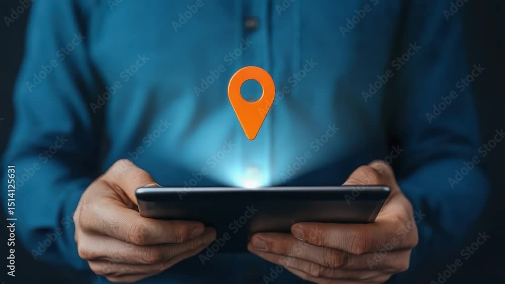 Poster individual using smartphone with location pin icon symbolizing navigation and geolocation technology