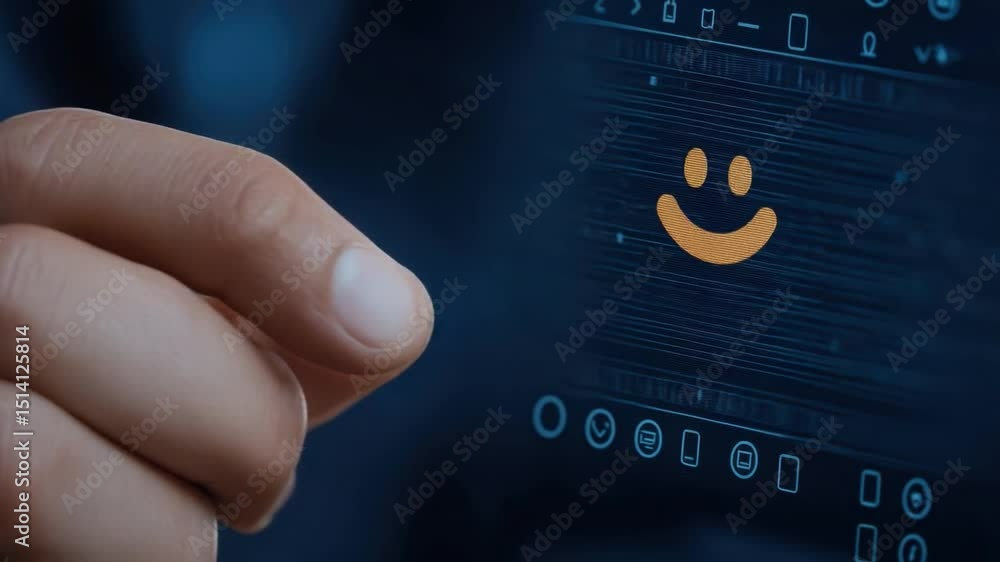 Poster hand of a person interacting with digital interface featuring a smiley face icon in a futuristic set