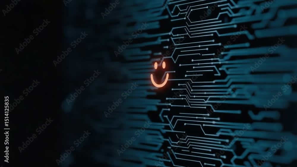 Poster human touch on digital interface with smiley icon in technology background of circuits and code patt