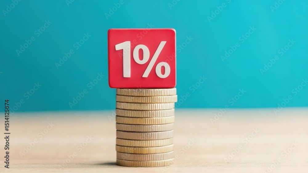 Poster conceptual image showing financial growth with coin stacks and 1 percent increase indicator on vibra