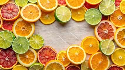 A vibrant collection of citrus fruit slices arranged in a circular frame, showcasing their juicy segments and zesty colors on a light wooden background.
