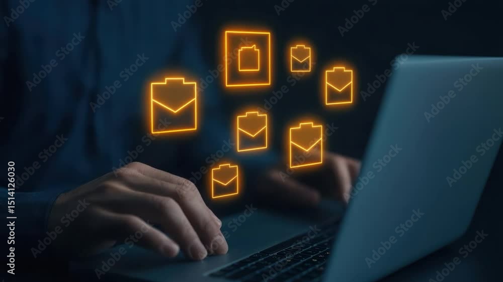 Poster hands typing on laptop with floating icons representing messages and battery information in a dimly 