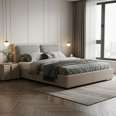 Elegant bedroom with a modern bed featuring a patterned headboard, soft gray bedding, and pendant lights. Large window and neutral color palette create a serene atmosphere.