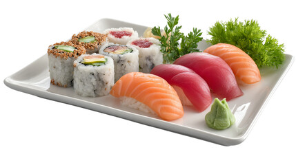 Assorted sushi platter with rolls and sashimi on a white plate  
