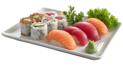 Assorted sushi platter with rolls and sashimi on a white plate  