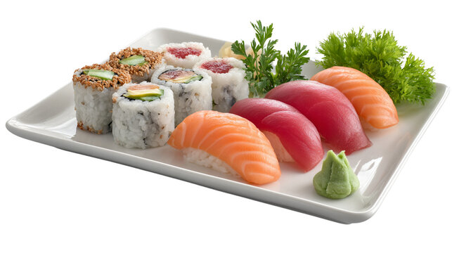 Assorted sushi platter with rolls and sashimi on a white plate  