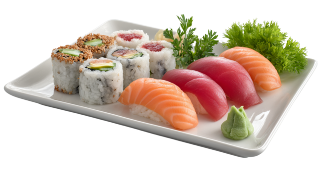 Assorted sushi platter with rolls and sashimi on a white plate  